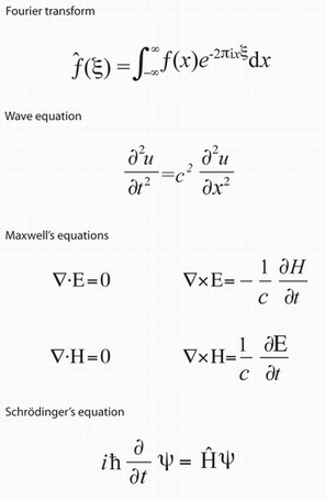 依次为傅立叶变换,波动方程,麦克斯韦四元电磁学方程组和薛定谔方程
